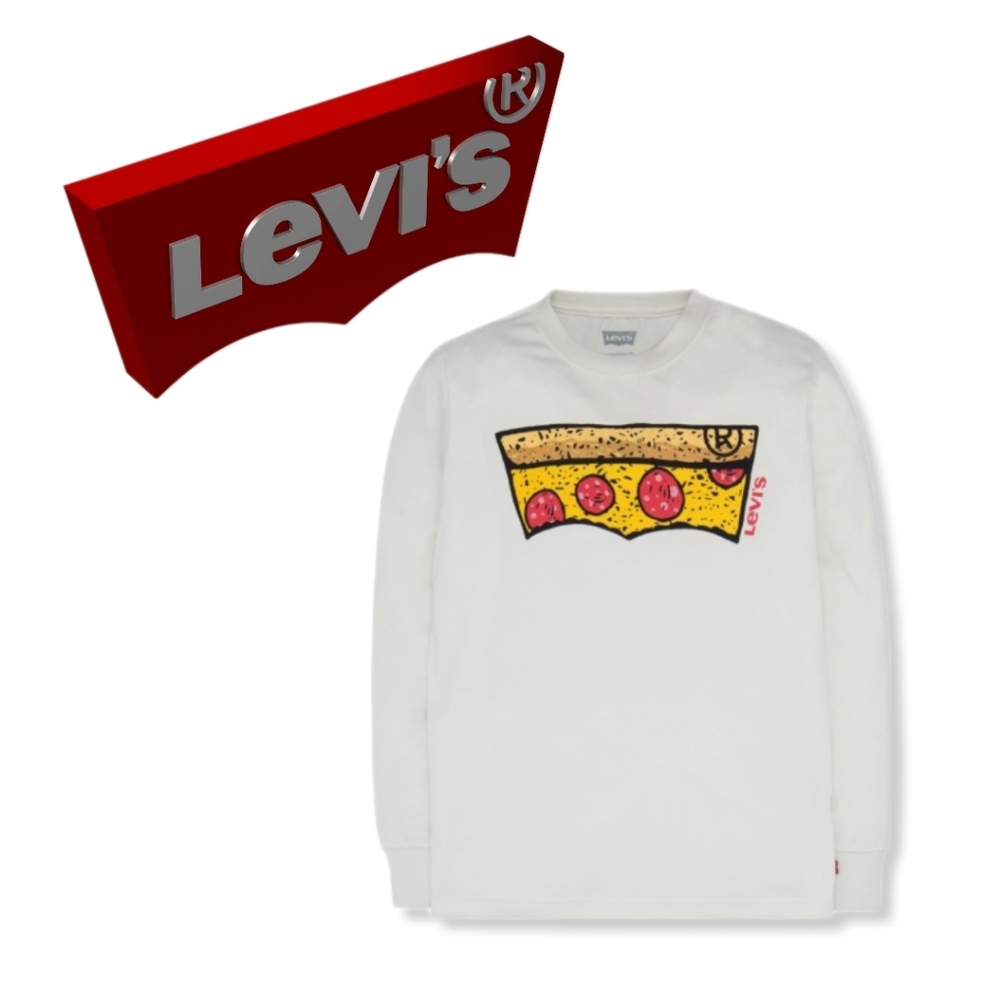 White Levi's Boys White Long Sleeve Crew Neck Pizza Graphic Print T-Shirt